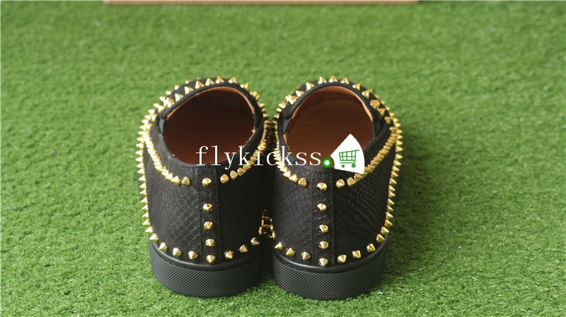 Christian Louboutin Low Spikes Python Leather Pik Boat Flat Black Casual Shoes Golden Rivets